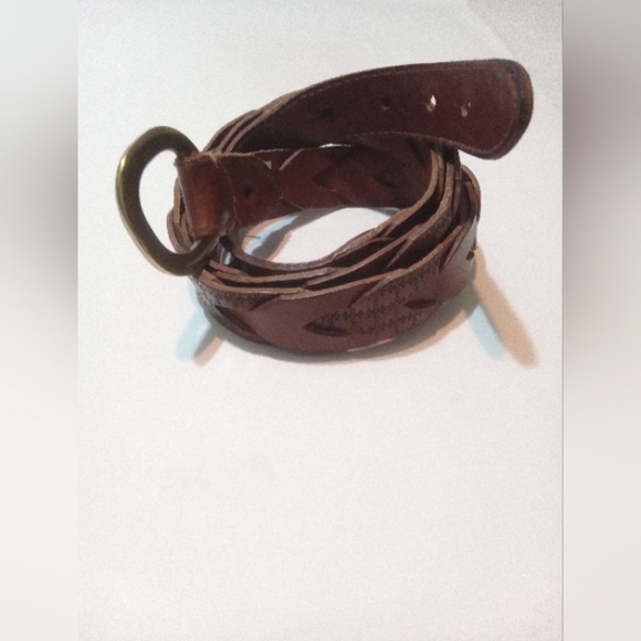 Fossil Belt Brown Leather Woven Braid Womens Sz L Brass Ring Bend Back Closure - Picture 9 of 9